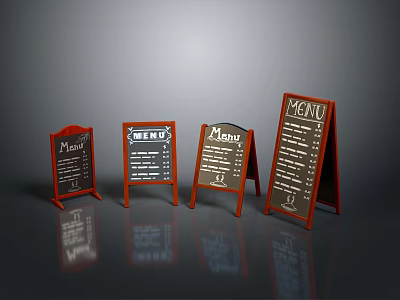 Various Designed Red Framed Menu Boards With Black Chalkboard Panels For Cafes 3d model