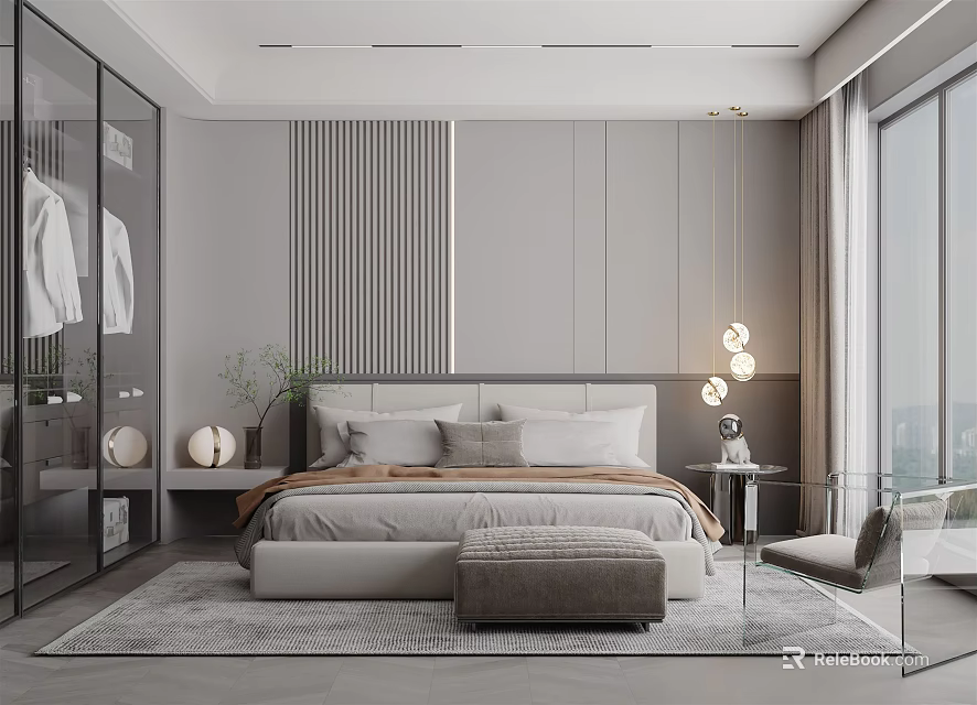 Modern Bedroom Interior With Striped Wall Large Bed Pillows And Floor To Ceiling Windows 3d model 