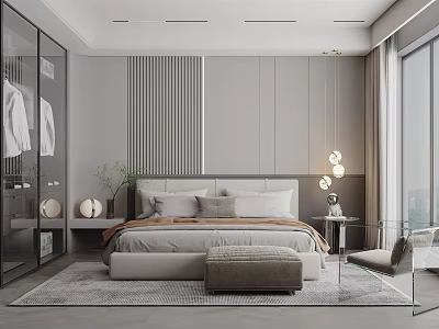 Modern Bedroom Interior With Striped Wall Large Bed Pillows And Floor To Ceiling Windows 3d model