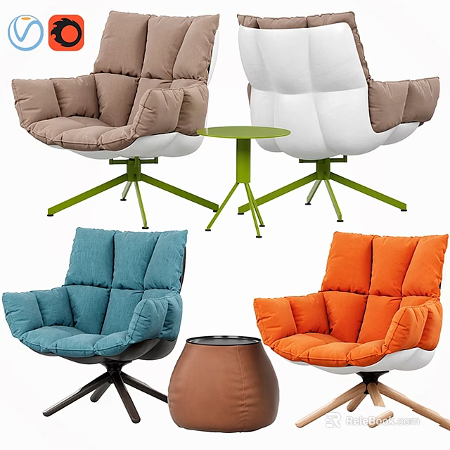 Padded Accent Chairs In Brown White Blue Orange With Green Round Side Table And Ottoman 3d model 