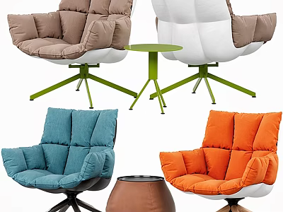 Padded Accent Chairs In Brown White Blue Orange With Green Round Side Table And Ottoman 3d model