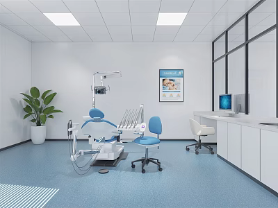 Modern Dental Clinic Treatment Room With Dental Chair Blue Seats White Cabinets And Medical Equipment 3d model