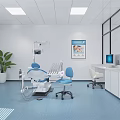 Modern Dental Clinic Treatment Room With Dental Chair Blue Seats White Cabinets And Medical Equipment