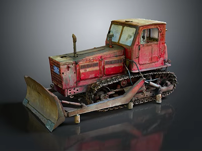 Red Old Crawler Bulldozer With Rusty Blade Metal Cab And Tracked Undercarriage 3d model