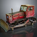 Red Old Crawler Bulldozer With Rusty Blade Metal Cab And Tracked Undercarriage