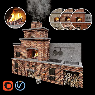 Rustic Brick Kitchen Appliances With Oven Hanging Pans Sink And Wood Storage 3d model