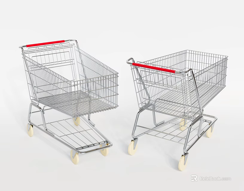 Metal Shopping Carts With Red Handles And White Wheels For Public Use 3d model 
