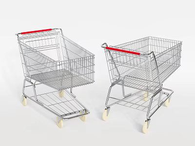 Metal Shopping Carts With Red Handles And White Wheels For Public Use 3d model