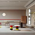 Modern Tea Room Interior With Long Table And Colorful Stools 3d model
