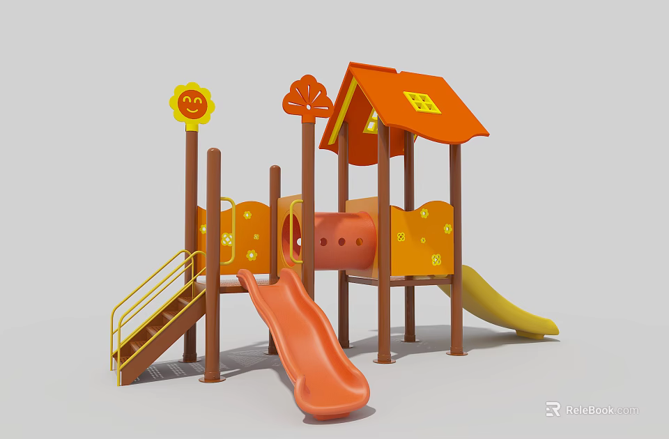Children's Playground Equipment With House Shaped Roof Sun Flower Decorations And Orange Yellow Slides 3d model 