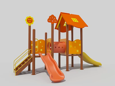Children's Playground Equipment With House Shaped Roof Sun Flower Decorations And Orange Yellow Slides 3d model