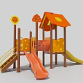 Children's Playground Equipment With House Shaped Roof Sun Flower Decorations And Orange Yellow Slides
