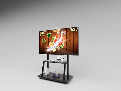 Large Screen TV Showing Gaming Action With Console And Controllers On Stand 3d model