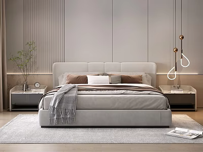Modern Bedroom Design With Background Double Bed Decorative Lines Nightstands And Pendant Lights 3d model