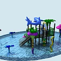 Colorful Water Park Play Equipment With Slides Shark Shaped Top Palm Trees And Jellyfish Decor