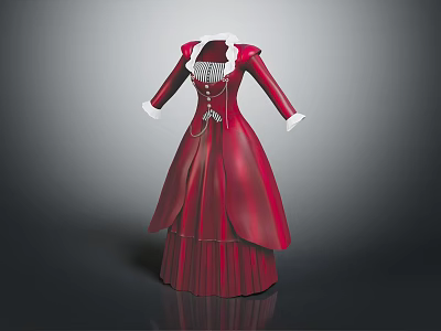 Red Long Dress with White Cuffs Chest Decoration and Lacing Layered Skirt Vintage Classic Style 3d model