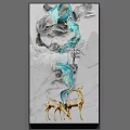 Abstract Painting With Golden Deer Blue Gray Flowing Lines And Marble Background