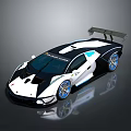 Modern Black White Blue Racing Car With Aerodynamic Body And Rear Spoiler Design