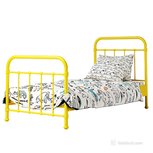 Yellow Metal Frame Single Bed With Cartoon Pattern Bedding And Pillow 3d model 
