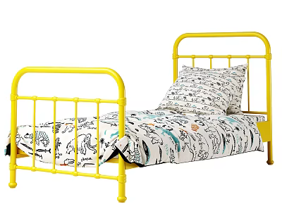 Yellow Metal Frame Single Bed With Cartoon Pattern Bedding And Pillow 3d model
