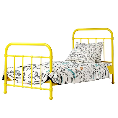 Yellow Metal Frame Single Bed With Cartoon Pattern Bedding And Pillow 3d model