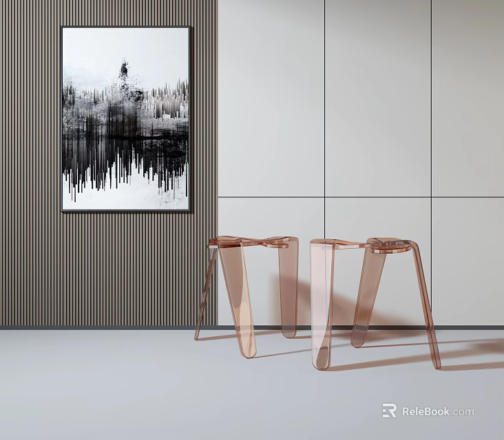 Two Transparent Acrylic Rose Gold Stools In Modern Interior With Gray Wall And Artwork 3d model 