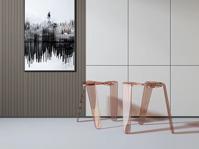 Two Transparent Acrylic Rose Gold Stools In Modern Interior With Gray Wall And Artwork 3d model