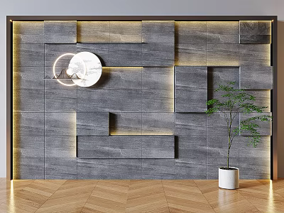 Contemporary Grey Panel Wall Design With Circular Decor Illuminated Lighting Green Plant And White Pot 3d model