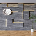 Contemporary Grey Panel Wall Design With Circular Decor Illuminated Lighting Green Plant And White Pot
