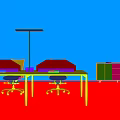 Modern Office Desk With Red Legs White Top Partition And Black Office Chair