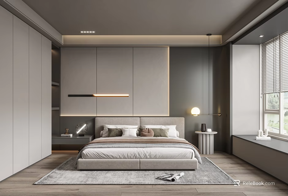 Modern Bedroom Interior Design With Upholstered Bed Gray Wardrobe Area Rug And Window Blinds 3d model 