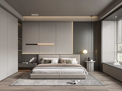 Modern Bedroom Interior Design With Upholstered Bed Gray Wardrobe Area Rug And Window Blinds 3d model