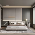 Modern Bedroom Interior Design With Upholstered Bed Gray Wardrobe Area Rug And Window Blinds