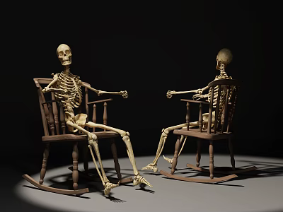 Medical Device Human Skeleton Models Sitting on Wooden Rocking Chairs for Education 3d model