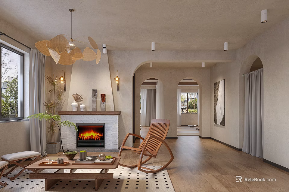 Cozy Living Room Interior With Wooden Chandelier Fireplace With Flames Rocking Chair And Coffee Table 3d model 