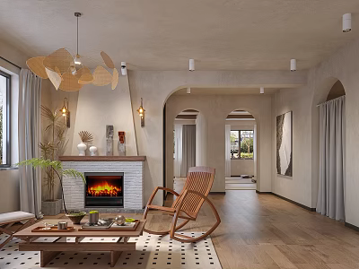 Cozy Living Room Interior With Wooden Chandelier Fireplace With Flames Rocking Chair And Coffee Table 3d model