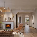 Cozy Living Room Interior With Wooden Chandelier Fireplace With Flames Rocking Chair And Coffee Table
