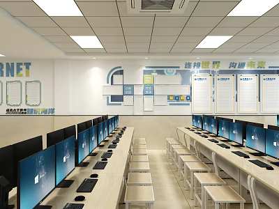 School Computer Lab Interior With Rows Of Desks Monitors And Wall Displays 3d model