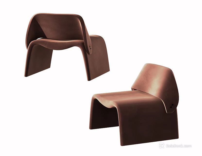 Modern Brown Leisure Chair Set of Two with Unique Curved Structure and Stylish Design 3d model 