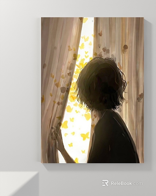 Back View Portrait Painting of Short Haired Person by Curtain with Yellow Butterfly Patterns and Sunlight 3d model 