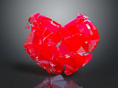 Red Broken Heart Shaped Decorative Ornament Set With Geometric Fragments And Reflective Surface 3d model