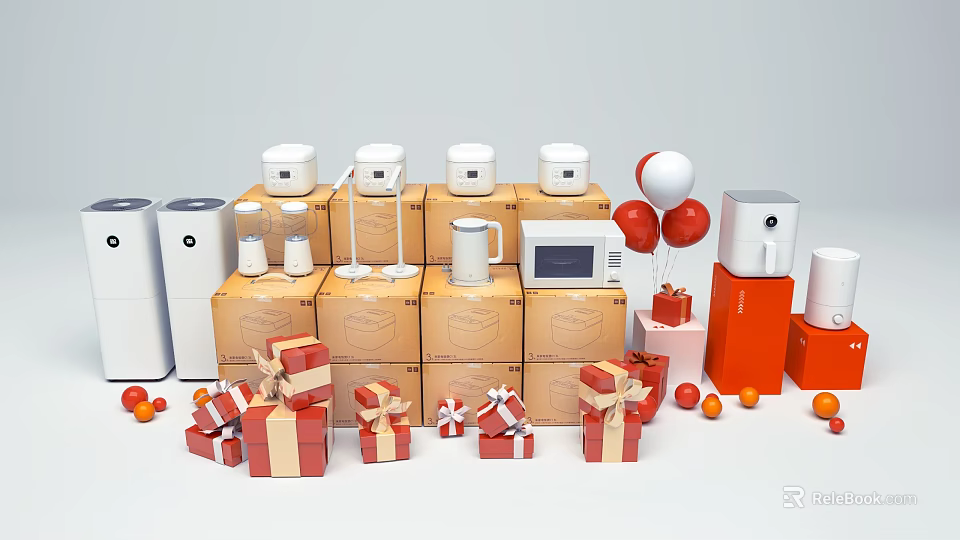 Gift Boxes And Home Appliances Display With Balloons And Presents 3d model