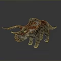 Triceratops Dinosaur Model With Orange Gray Skin Long Horns Spiked Frill Standing Against Gray Background