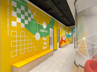 School Modern Student Space With Colorful Walls Geometric Patterns Hello Go Signage And Bench Seating 3d model