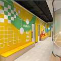 School Modern Student Space With Colorful Walls Geometric Patterns Hello Go Signage And Bench Seating