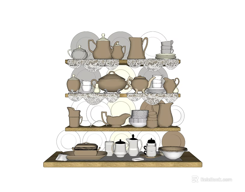 Stylish Tableware Set With Teapots Cups Bowls Plates And Jars On Display Shelves 3d model 