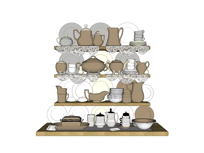 Stylish Tableware Set With Teapots Cups Bowls Plates And Jars On Display Shelves 3d model