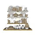 Stylish Tableware Set With Teapots Cups Bowls Plates And Jars On Display Shelves