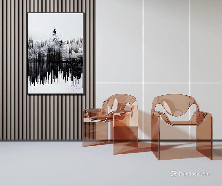 Amber Acrylic Lounge Chairs with Abstract Painting on Light Gray Wall and Dark Stripes 3d model 