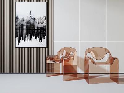 Amber Acrylic Lounge Chairs with Abstract Painting on Light Gray Wall and Dark Stripes 3d model